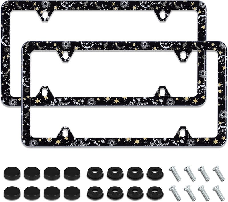 UNINDREM 2pcs Galaxy Moon and Stars License Plate Frame - Stainless Steel Auto Parts Decoration - Image 1