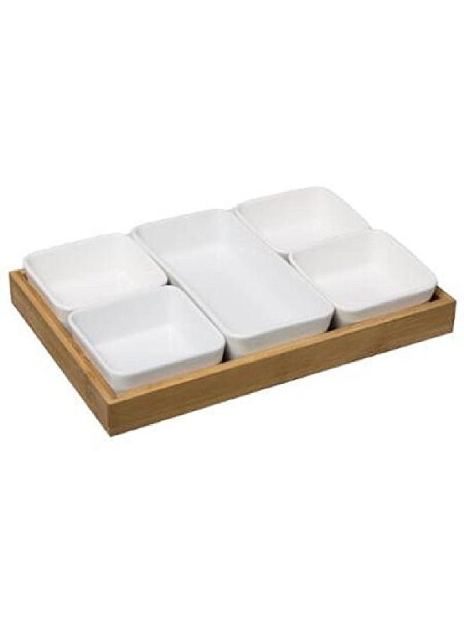 Secret de Gourmet 6-Piece Serving Appetizer Set with Bamboo Tray White and Brown 2000 ml 173778 - Image 1
