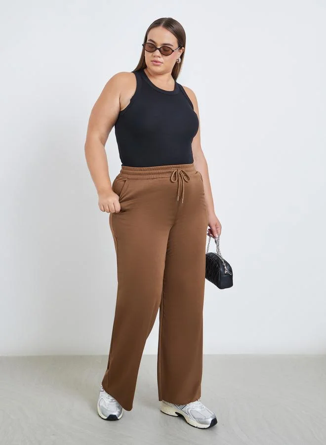 Styli Styli Plus Brown Wide Leg Joggers with Drawstring Waist