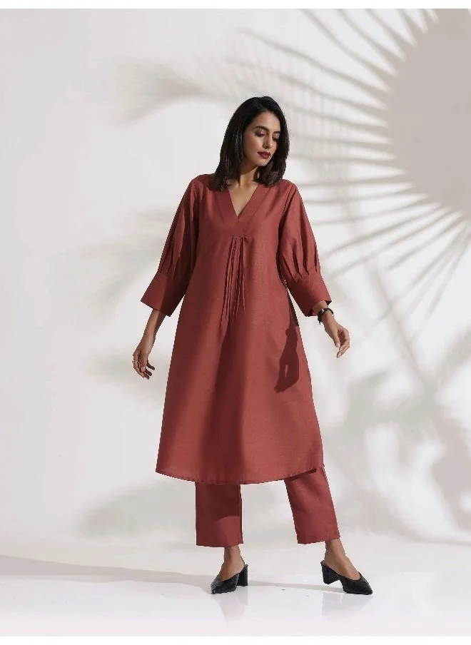 ترو برونز trueBrowns Pink Slub Kurta Set