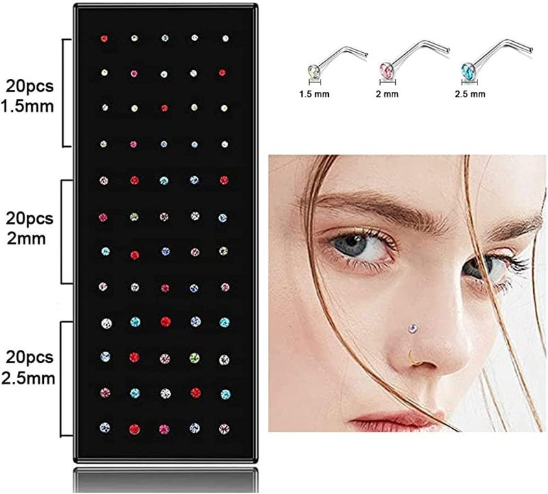 Luckam Hypoallergenic Stainless Steel Nose Studs - L Shaped Nose Rings for Men & Women, 1.5mm, 2mm, 2.5mm Nostrial Piercing Body Jewelry - Image 2