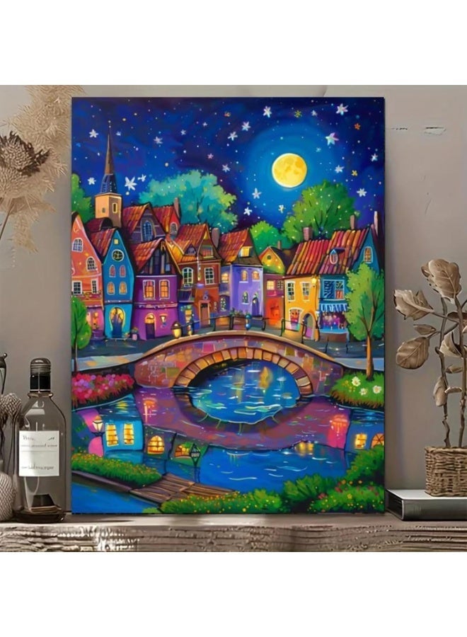 ChicAbode Paint by Numbers Kit for Adults – Colorful Night Town with Bridge and River, 40x50cm DIY Acrylic Painting on Canvas with Assembly Wooden Frame for Home Wall Art Decoration - Image 1