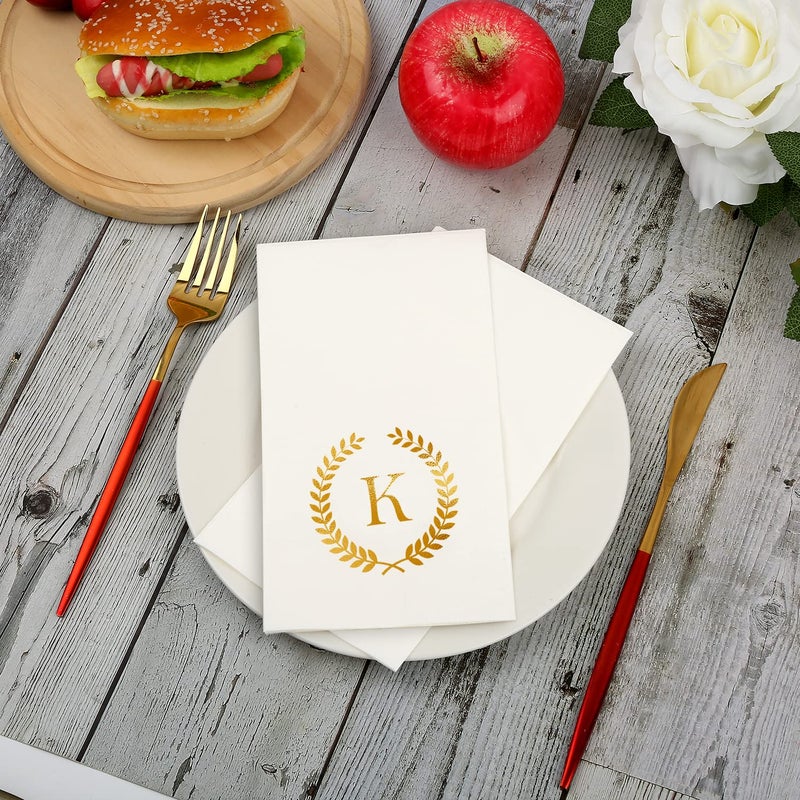 Datyiiha 200 Pack Monogrammed Disposable Napkins Gold Foil Letter K Guest Napkins Initial Disposable Hand Paper Towels for Wedding Engagement Baby Shower Party Home Kitchen Bathroom Dinner Decorative Towels  - Image 3