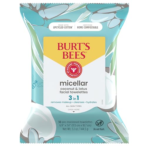 Burts Bees Micellar Facial Towelettes With Coconut and Lotus PreMoistened Towelettes for All Skin Types 995 Percent Natural Origin Skin Care 30 ct Package