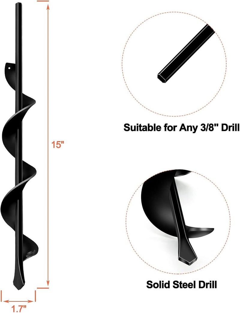 Longrun Auger Drill Bit for Planting-1.7"x15" Planting Auger, Garden Spiral Hole Drill Bulb Planter Tool for Planting, Bedding Plants, Flowers, Umbrella Holes - 3/8 Inch Hex Drive Drill Augers - Image 2