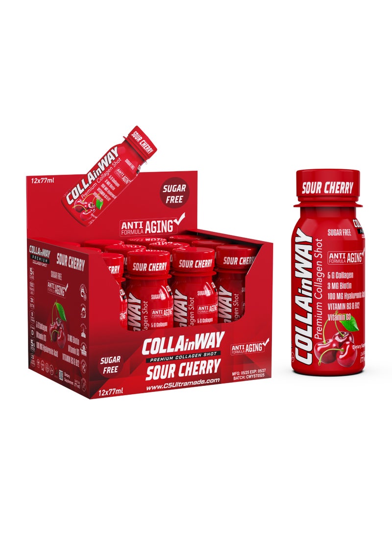 COLLAinWay Premium Collagen Shot Sour Cherry– Sugar Free, Anti-Aging Drink with 6g Collagen, 8mg Biotin, Hyaluronic Acid, Vitamin D3, B6 & B12 – Beauty & Wellness Supplement – 12x77ml  - Image 1