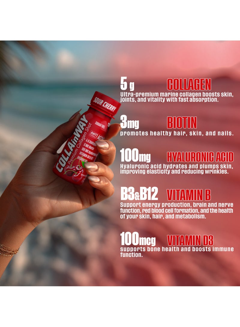 COLLAinWay Premium Collagen Shot Sour Cherry– Sugar Free, Anti-Aging Drink with 6g Collagen, 8mg Biotin, Hyaluronic Acid, Vitamin D3, B6 & B12 – Beauty & Wellness Supplement – 12x77ml  - Image 3