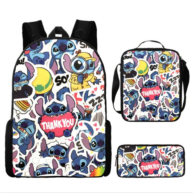 Amazon New Cartoon stitch stitch Three-Piece Set Schoolbag Backpack Backpack for Primary and Secondary School Students V style 