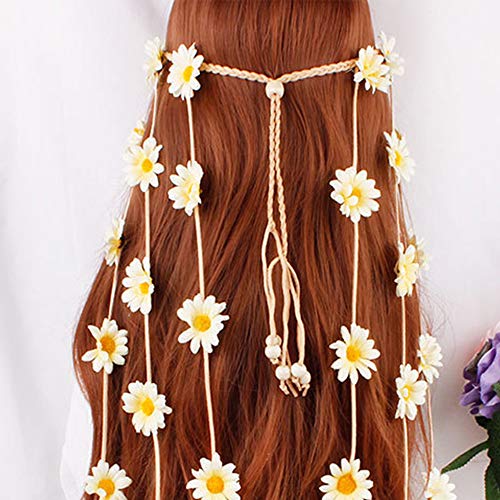 YAXAMING Flower Headband Hippie Sunflower Hairband Floral Crown Bohemian Hair Bands Women Girls Boho Hair Hoop Headdress Headwear Headpiece Party Decoration Cosplay Costume Cute Handmade Hair Accessories Beige - Image 3