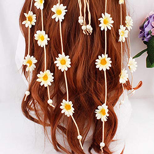 YAXAMING Flower Headband Hippie Sunflower Hairband Floral Crown Bohemian Hair Bands Women Girls Boho Hair Hoop Headdress Headwear Headpiece Party Decoration Cosplay Costume Cute Handmade Hair Accessories Beige - Image 4
