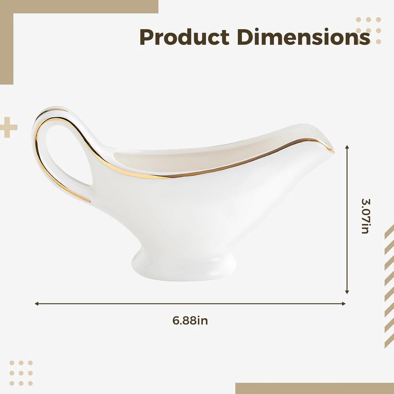 Sauce Pitcher, White Ceramic With Gold, Small Gravy Boat With Tilted Spout, Open Handle, Versatile For Bbq, Parties, Housewarming Gifts - Image 4