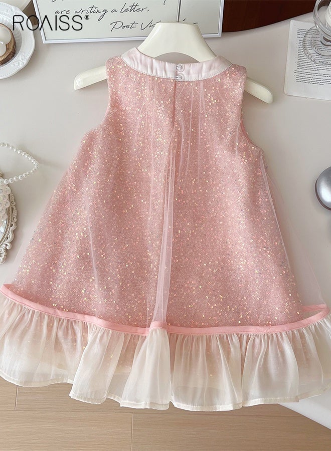 رويس فستان طويل من التول لطفلة صغيرة، فستان طويل من الترتر برقبة حول العنق مع عقدة معقودة، فستان كاجوال أنيق، فستان صيفي طويل بقصّة A، فستان طويل بقصّة A، مناسب للشاطئ، السفر، الزفاف أو أي مناسبة - Image 5