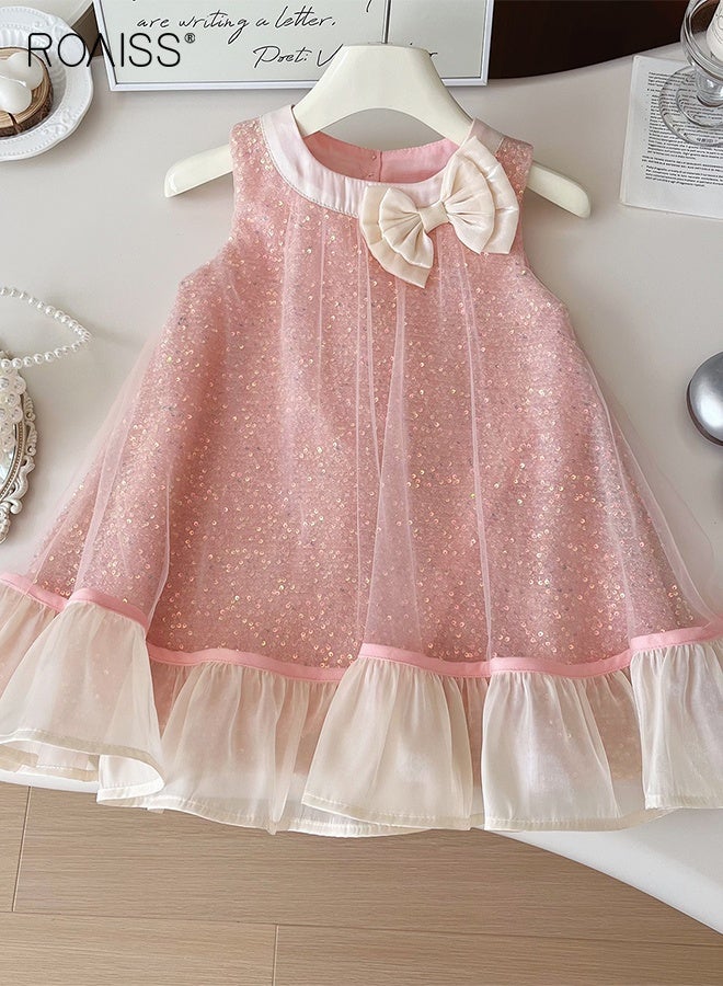 رويس فستان طويل من التول لطفلة صغيرة، فستان طويل من الترتر برقبة حول العنق مع عقدة معقودة، فستان كاجوال أنيق، فستان صيفي طويل بقصّة A، فستان طويل بقصّة A، مناسب للشاطئ، السفر، الزفاف أو أي مناسبة - Image 1