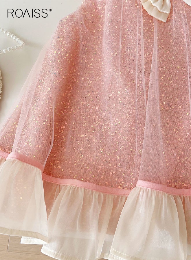 رويس فستان طويل من التول لطفلة صغيرة، فستان طويل من الترتر برقبة حول العنق مع عقدة معقودة، فستان كاجوال أنيق، فستان صيفي طويل بقصّة A، فستان طويل بقصّة A، مناسب للشاطئ، السفر، الزفاف أو أي مناسبة - Image 3