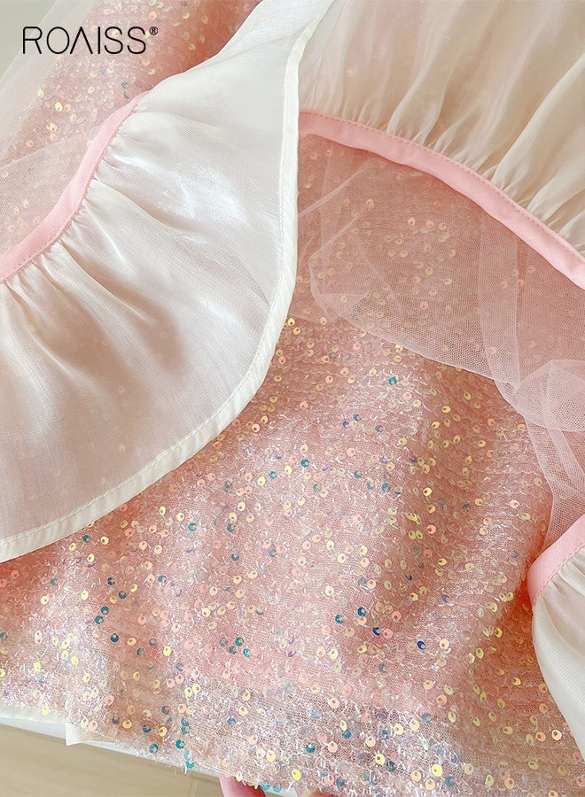 رويس فستان طويل من التول لطفلة صغيرة، فستان طويل من الترتر برقبة حول العنق مع عقدة معقودة، فستان كاجوال أنيق، فستان صيفي طويل بقصّة A، فستان طويل بقصّة A، مناسب للشاطئ، السفر، الزفاف أو أي مناسبة - Image 4