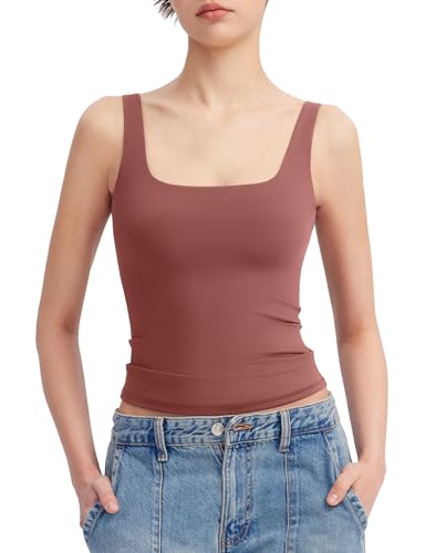PUMIEY Women's Square Neck Tank Tops Sleeveless Double Lined Basic Going Out Top, Marsala Small - Image 1