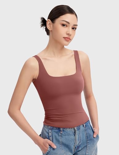 PUMIEY Women's Square Neck Tank Tops Sleeveless Double Lined Basic Going Out Top, Marsala Small - Image 3