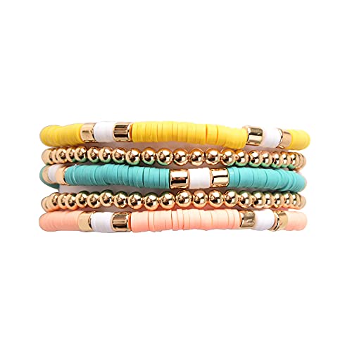 GOOJIDS Surfer Heishi Clay Bead Bracelets for Women Bohemian Stackable Gold Plated Beaded Stretch Bracelets Elastic Layering Friendship Bracelets Set Boho Jewelry - Image 2