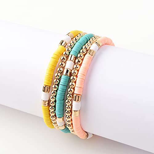 GOOJIDS Surfer Heishi Clay Bead Bracelets for Women Bohemian Stackable Gold Plated Beaded Stretch Bracelets Elastic Layering Friendship Bracelets Set Boho Jewelry - Image 3