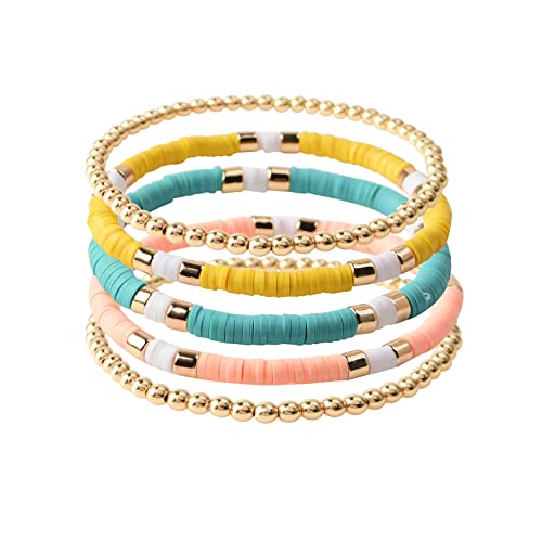 GOOJIDS Surfer Heishi Clay Bead Bracelets for Women Bohemian Stackable Gold Plated Beaded Stretch Bracelets Elastic Layering Friendship Bracelets Set Boho Jewelry - Image 1