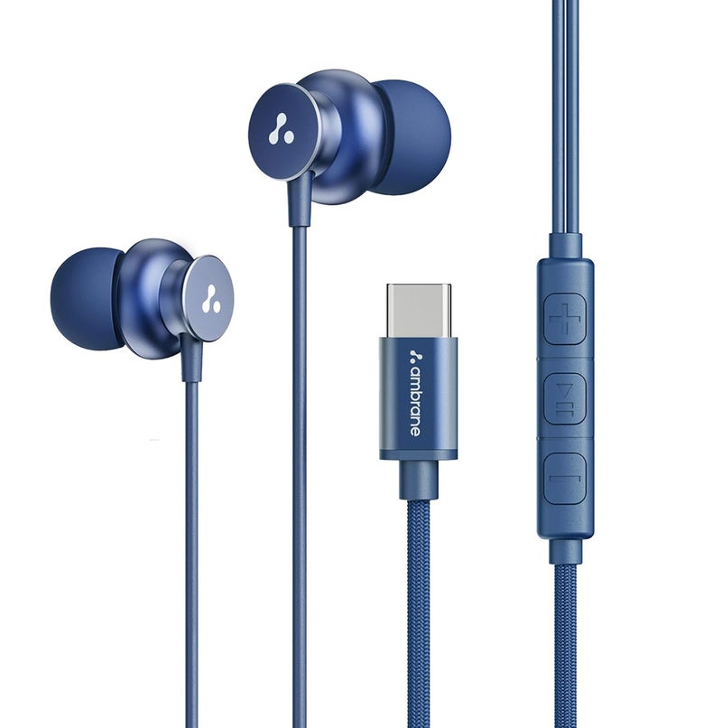 AMBRANE Type C Wired in Ear Earphones with in-Line Mic for Clear Calling,1.2M Cable,10Mm Dynamic Drivers for Boostedbass,Control Buttons for iPhone 15,Samsung&Type C Devices (Stringz 38C, Blue) - Image 1