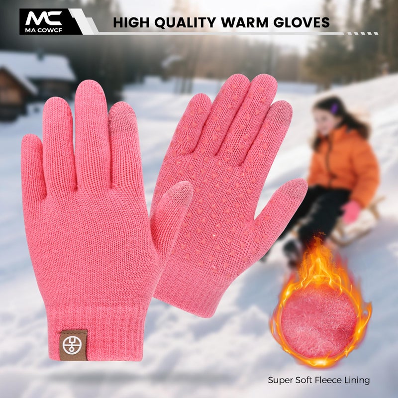 MA COWCF 3 Pairs Kids Winter Gloves - Touchscreen Linner with Grip Warm Stretchy Knit Mittens 2-8 Years Boys and Girls (PINK, One Size) - Image 2