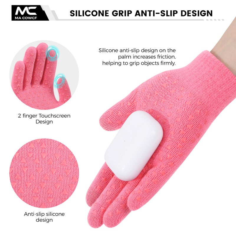 MA COWCF 3 Pairs Kids Winter Gloves - Touchscreen Linner with Grip Warm Stretchy Knit Mittens 2-8 Years Boys and Girls (PINK, One Size) - Image 4