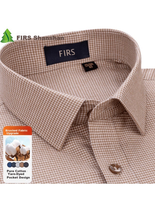 Firs Pure Cotton Brushed Long Sleeve Men's Plaid Shirt Casual Business 100% Cotton Coffee Plaid Size 43
