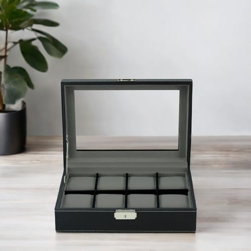 TimelyBuys Elegant 8 Piece XL Oversized Extra Large Black Leatherette Watch Display Case and Storage Organizer Box for up to 65 MM watches with Glass Top and Large Faux Suede Grey Pillows Father's Day Gift - Image 5