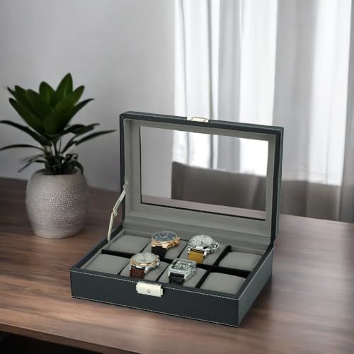 TimelyBuys Elegant 8 Piece XL Oversized Extra Large Black Leatherette Watch Display Case and Storage Organizer Box for up to 65 MM watches with Glass Top and Large Faux Suede Grey Pillows Father's Day Gift - Image 2