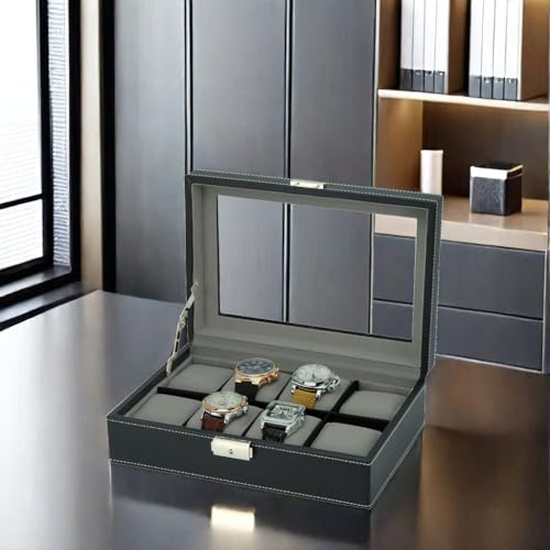 TimelyBuys Elegant 8 Piece XL Oversized Extra Large Black Leatherette Watch Display Case and Storage Organizer Box for up to 65 MM watches with Glass Top and Large Faux Suede Grey Pillows Father's Day Gift - Image 4