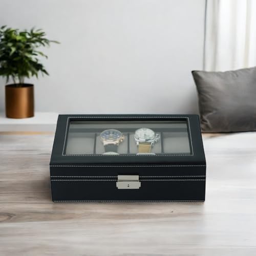 TimelyBuys Elegant 8 Piece XL Oversized Extra Large Black Leatherette Watch Display Case and Storage Organizer Box for up to 65 MM watches with Glass Top and Large Faux Suede Grey Pillows Father's Day Gift - Image 3