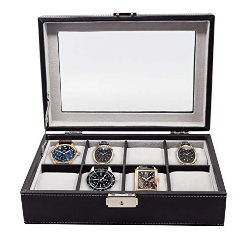 TimelyBuys Elegant 8 Piece XL Oversized Extra Large Black Leatherette Watch Display Case and Storage Organizer Box for up to 65 MM watches with Glass Top and Large Faux Suede Grey Pillows Father's Day Gift - Image 1