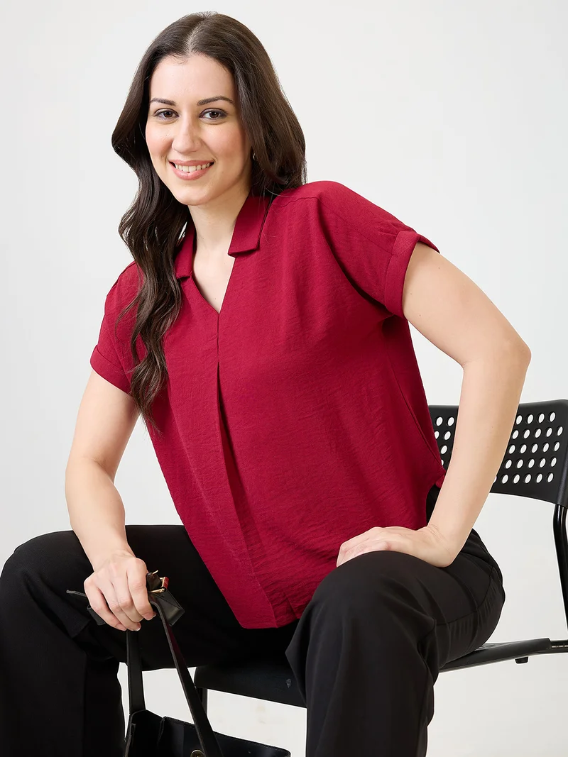 Women Magenta Collar Neck Extended Sleeves Self Design Shirt Style Workwear Top