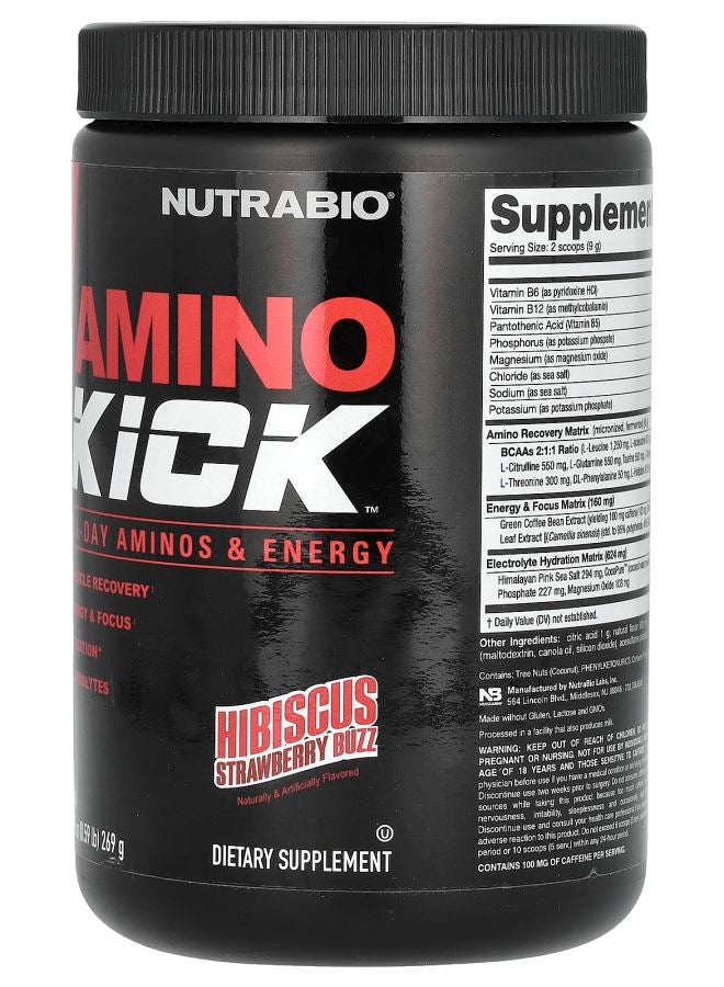 NutraBio Amino Kick Hibiscus Strawberry Buzz 0.59 lb (269 g) - Image 2