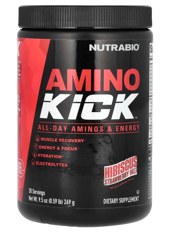 NutraBio Amino Kick Hibiscus Strawberry Buzz 0.59 lb (269 g) - Image 1