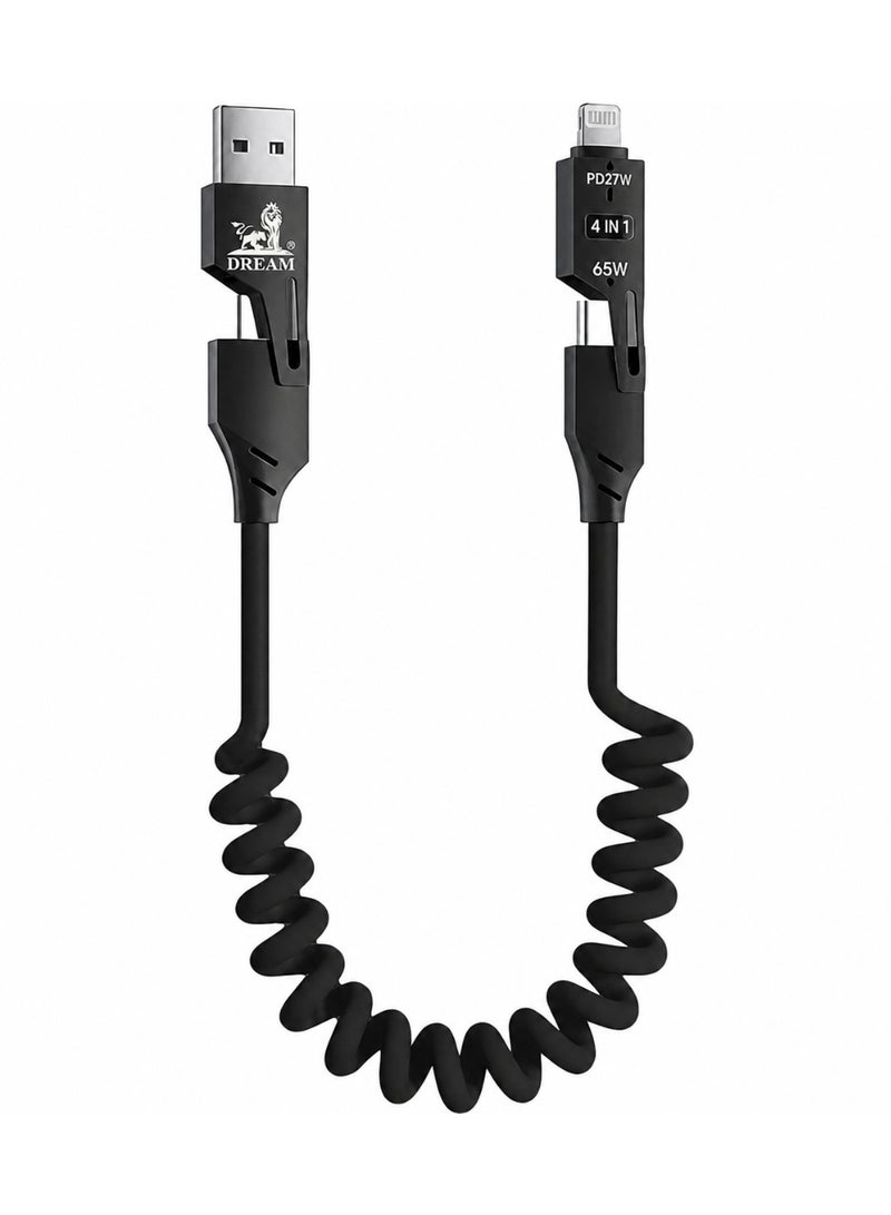 دريم كابل بيانات سريع 4 في 1، منفذ USB من النوع C، منفذ USB من النوع A، منفذ Lightning بقوة 65 واط، متوافق مع نظامي iOS وAndroid (أسود) - Image 1