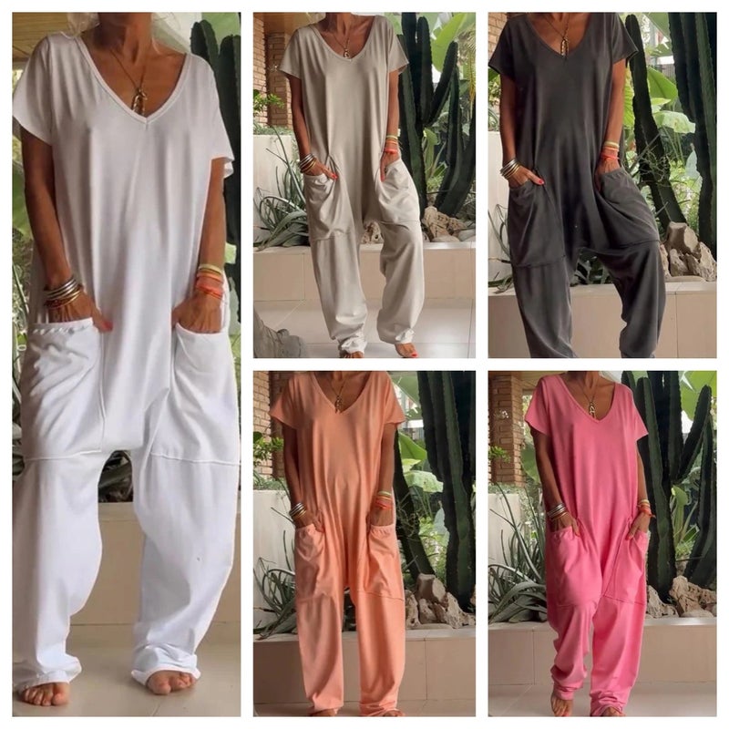 2024 Summer Women'S Clothing Independent Station Popular Pure Color V Neck Oversized Flap Pocket Pants Low-Cut Jumpsuit Straight Leg - Image 1
