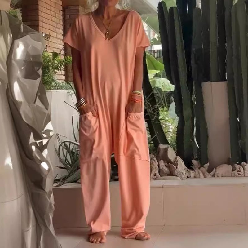 2024 Summer Women'S Clothing Independent Station Popular Pure Color V Neck Oversized Flap Pocket Pants Low-Cut Jumpsuit Straight Leg - Image 3