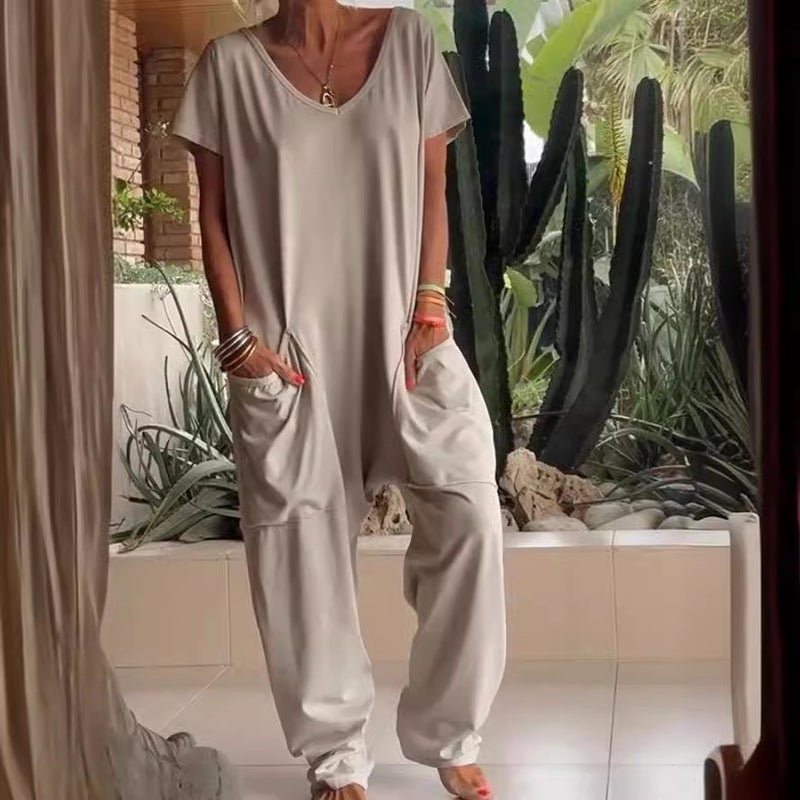 2024 Summer Women'S Clothing Independent Station Popular Pure Color V Neck Oversized Flap Pocket Pants Low-Cut Jumpsuit Straight Leg - Image 2