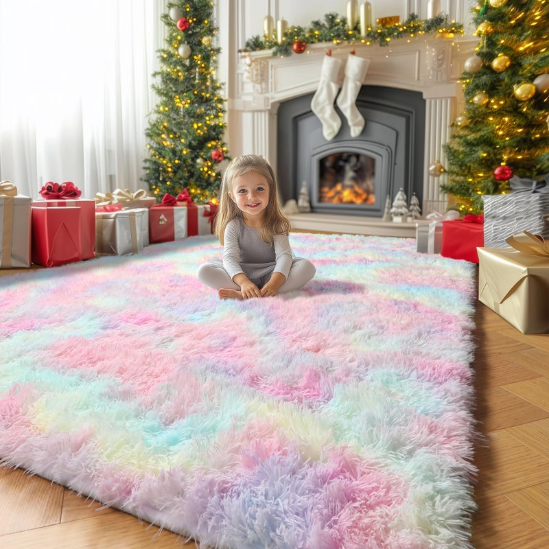 Amdrebio Rainbow Fluffy Rugs for Girls Bedroom, 4x6 Rug, Unicorn Room Decor,Pastel Area rug for Kids, Shag Carpet for Nursery, Soft Play Mat for Baby, Fuzzy Rug for Living room, Plush Throw Rug for Playroom - Image 1