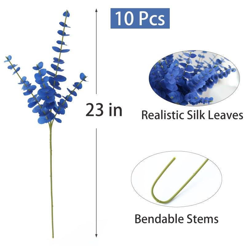 mizii 10pcs Blue Artificial Eucalyptus Stems Silk Leaves 23'' Faux Eucalyptus Plants Greenery Stems Fake Flowers Decorations for Vase Floral Bouquet Table Centerpieces Wedding Decor (Blue) - Image 2