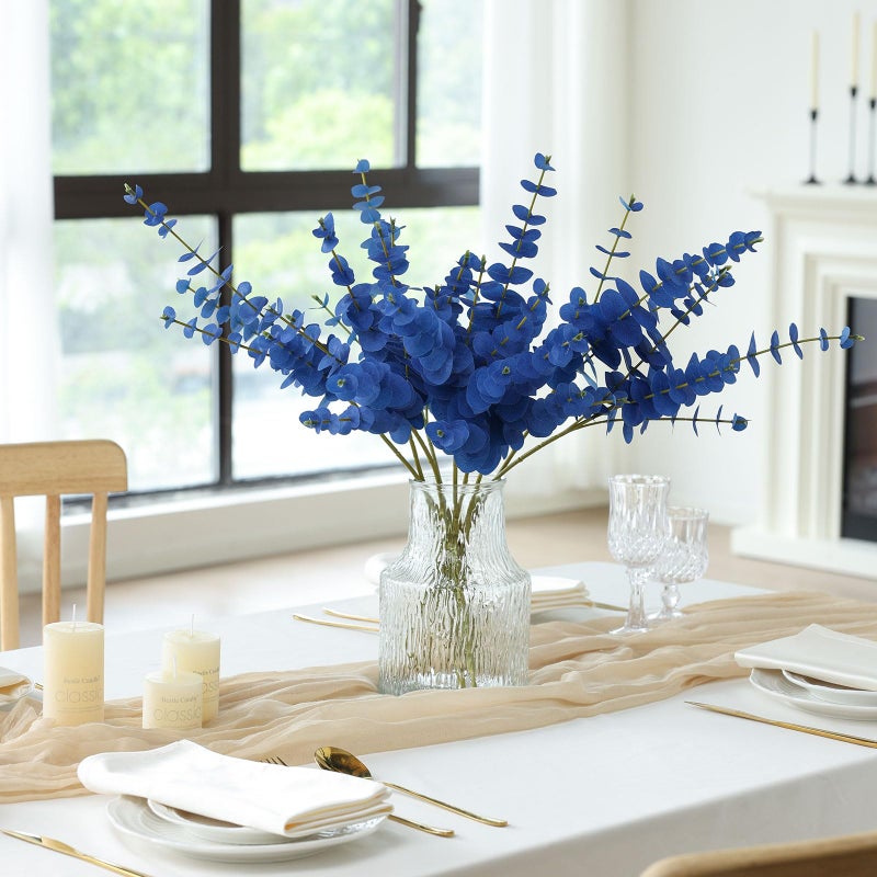 mizii 10pcs Blue Artificial Eucalyptus Stems Silk Leaves 23'' Faux Eucalyptus Plants Greenery Stems Fake Flowers Decorations for Vase Floral Bouquet Table Centerpieces Wedding Decor (Blue) - Image 3