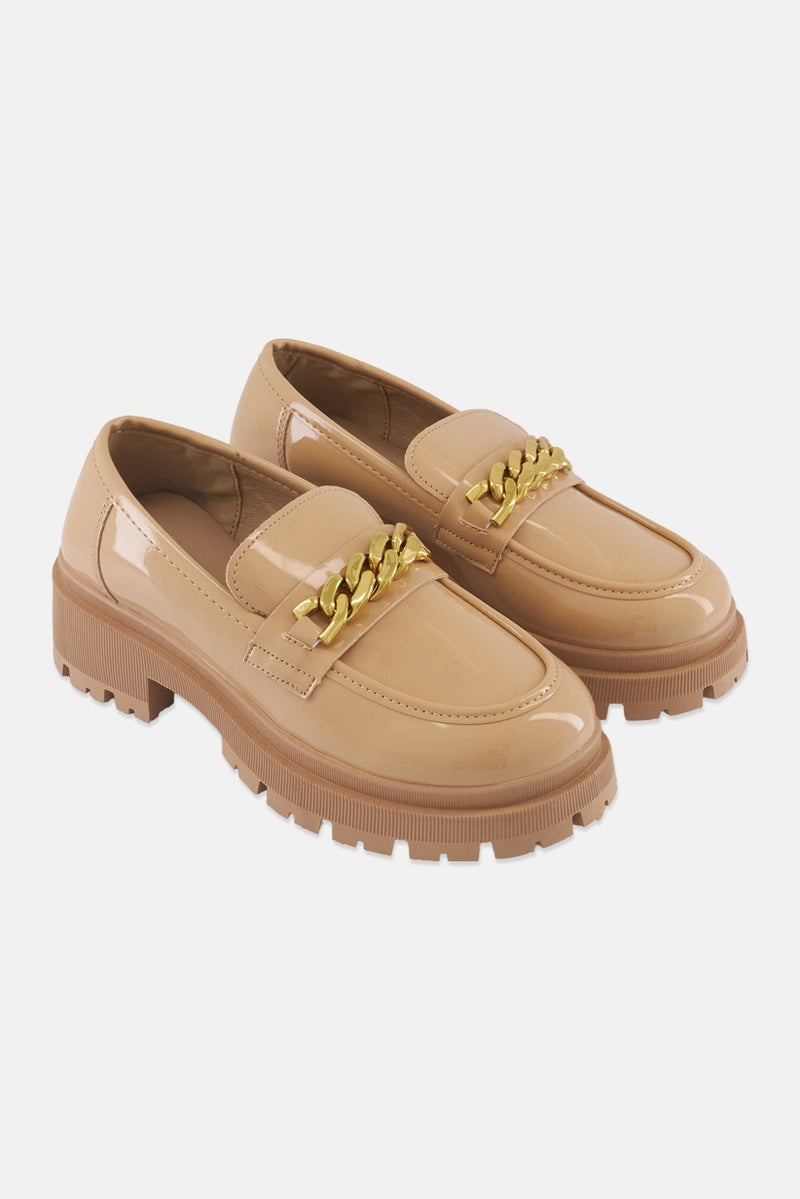 XOXO Women Chain Detail Slip On Loafers, Beige - Image 1
