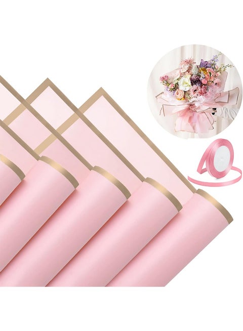 20 Sheets Gold Edge Flower Wrapping Paper，Waterproof Flower Wrapping Material with Ribbon，Florist Bouquet Supplies，DIY Craft Gift Wrapping (Pink)