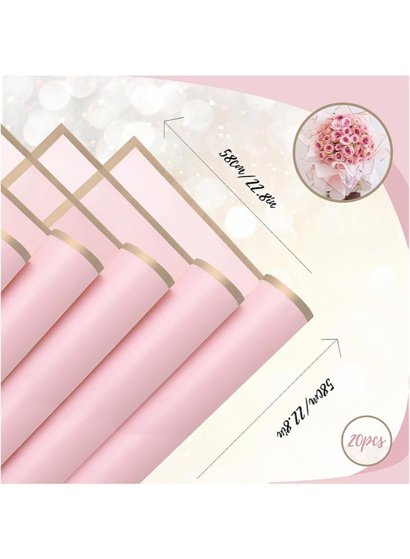 Aikanbo 20 Sheets Gold Edge Flower Wrapping Paper，Waterproof Flower Wrapping Material with Ribbon，Florist Bouquet Supplies，DIY Craft Gift Wrapping (Pink) - Image 2