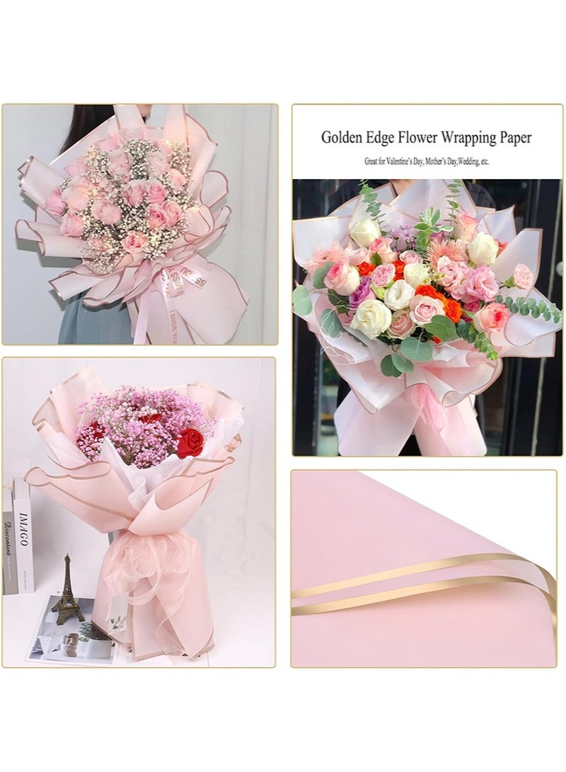 Aikanbo 20 Sheets Gold Edge Flower Wrapping Paper，Waterproof Flower Wrapping Material with Ribbon，Florist Bouquet Supplies，DIY Craft Gift Wrapping (Pink) - Image 4