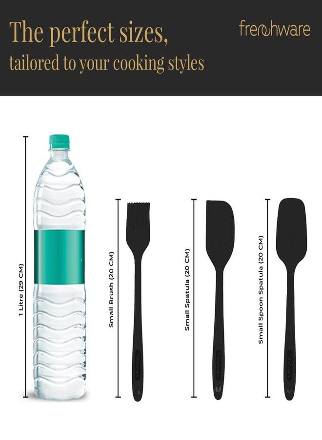 Frenchware Silicone Spatula for Kitchen (Set of 3, Black) Non Stick Small Spatula, Spoon & Brush for Cooking & Baking,Food-Grade & BPA-Free,Stainless Steel Core Heat-Resistant-40°C to 230°C (Black) - Image 2