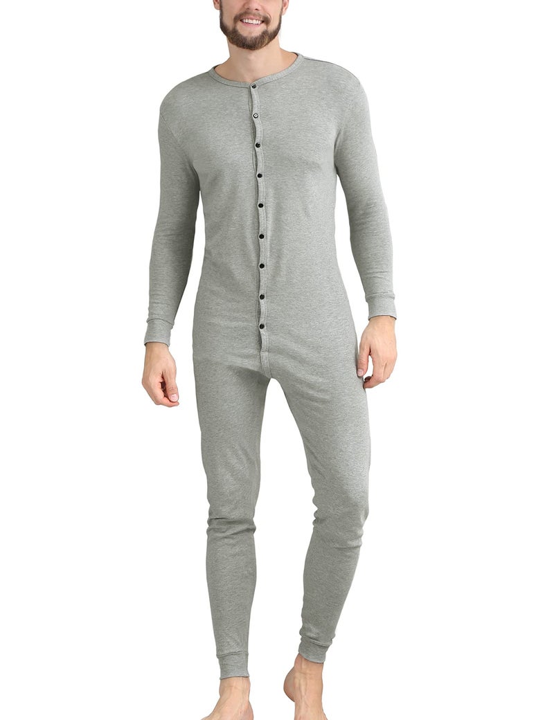 COLORFULLEAF Mens Cotton Thermal Underwear Union Suits Henley Onesies Base Layer Grey M