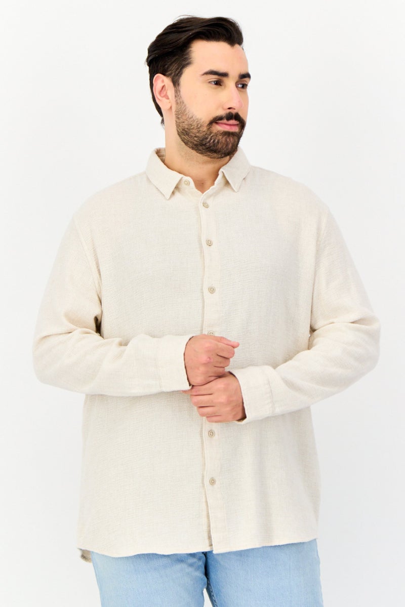 Celio Men Regular Fit Textured  Long Sleeves Casual Shirt, Beige - Image 1